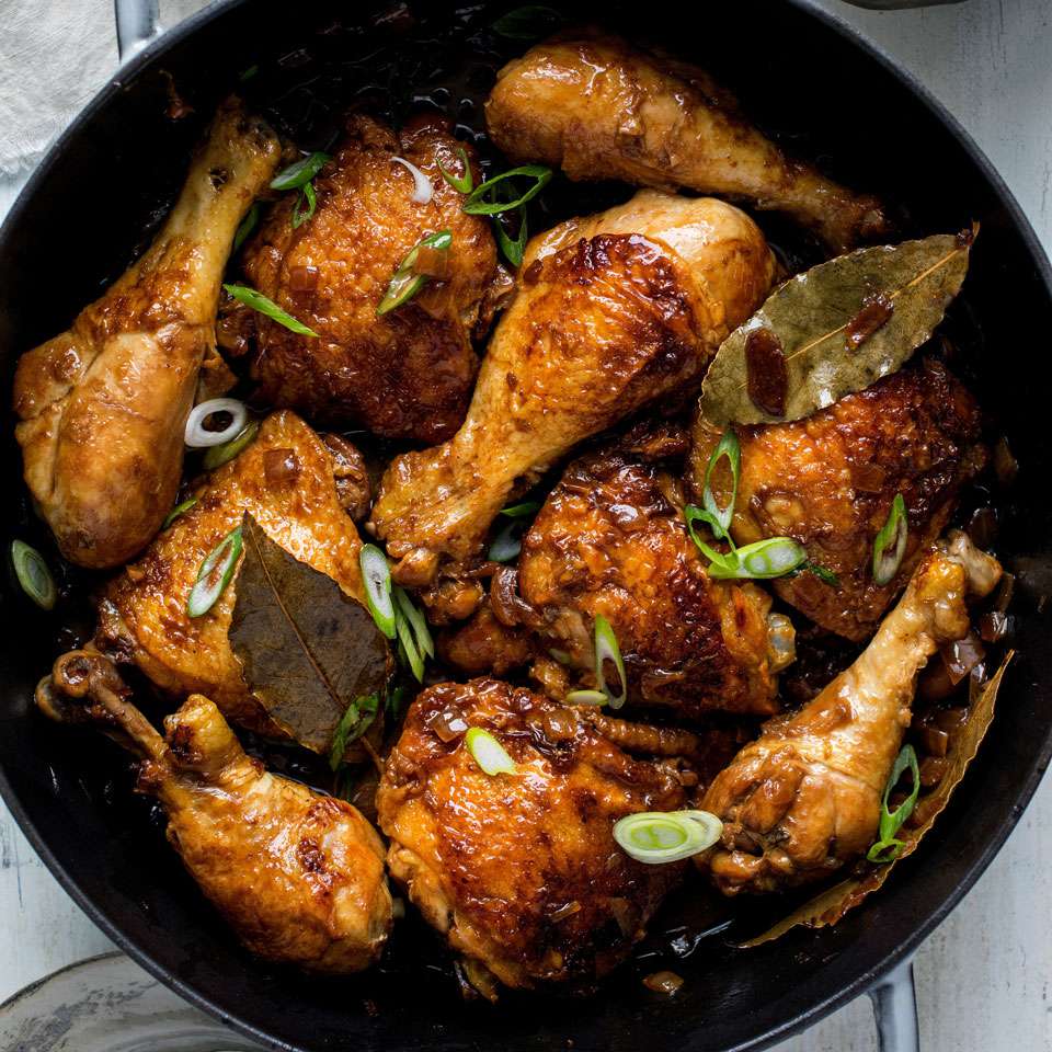 A delicious pan of classic Filipino chicken adobo